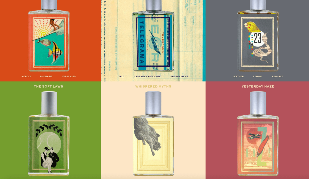 A grid of colorful, artistic perfume bottle label designs