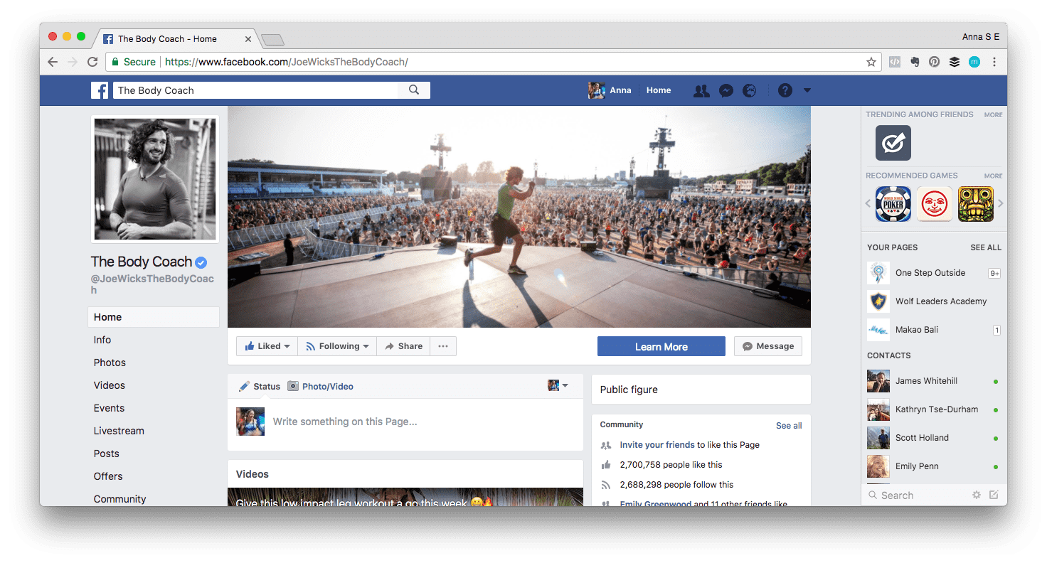 Personal brand example: Screenshot of Joe Wicks&rsquo; Facebook page