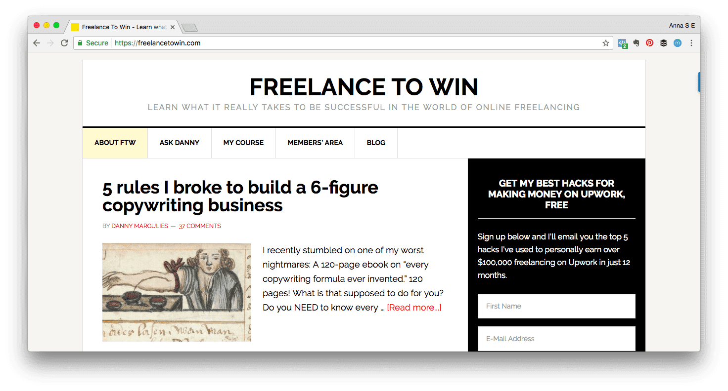 Personal brand example: Screen shot of Freelance to Win website