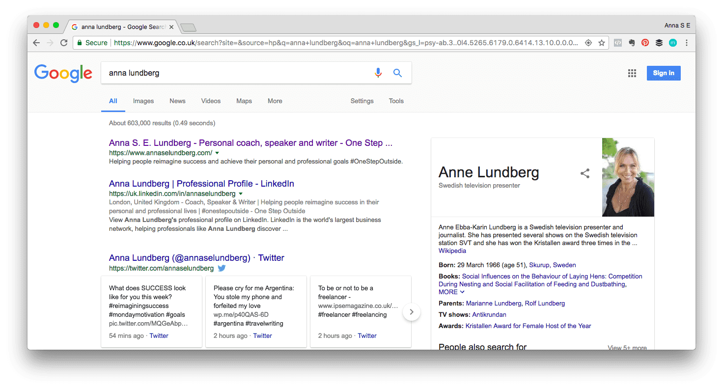 Personal brand example: A google search for anna lundberg