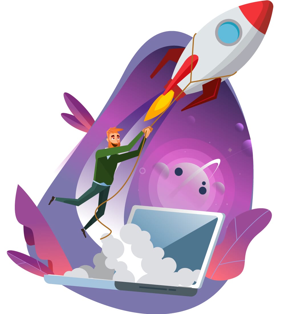 Iluustration of person taking off in a rocket from a computer