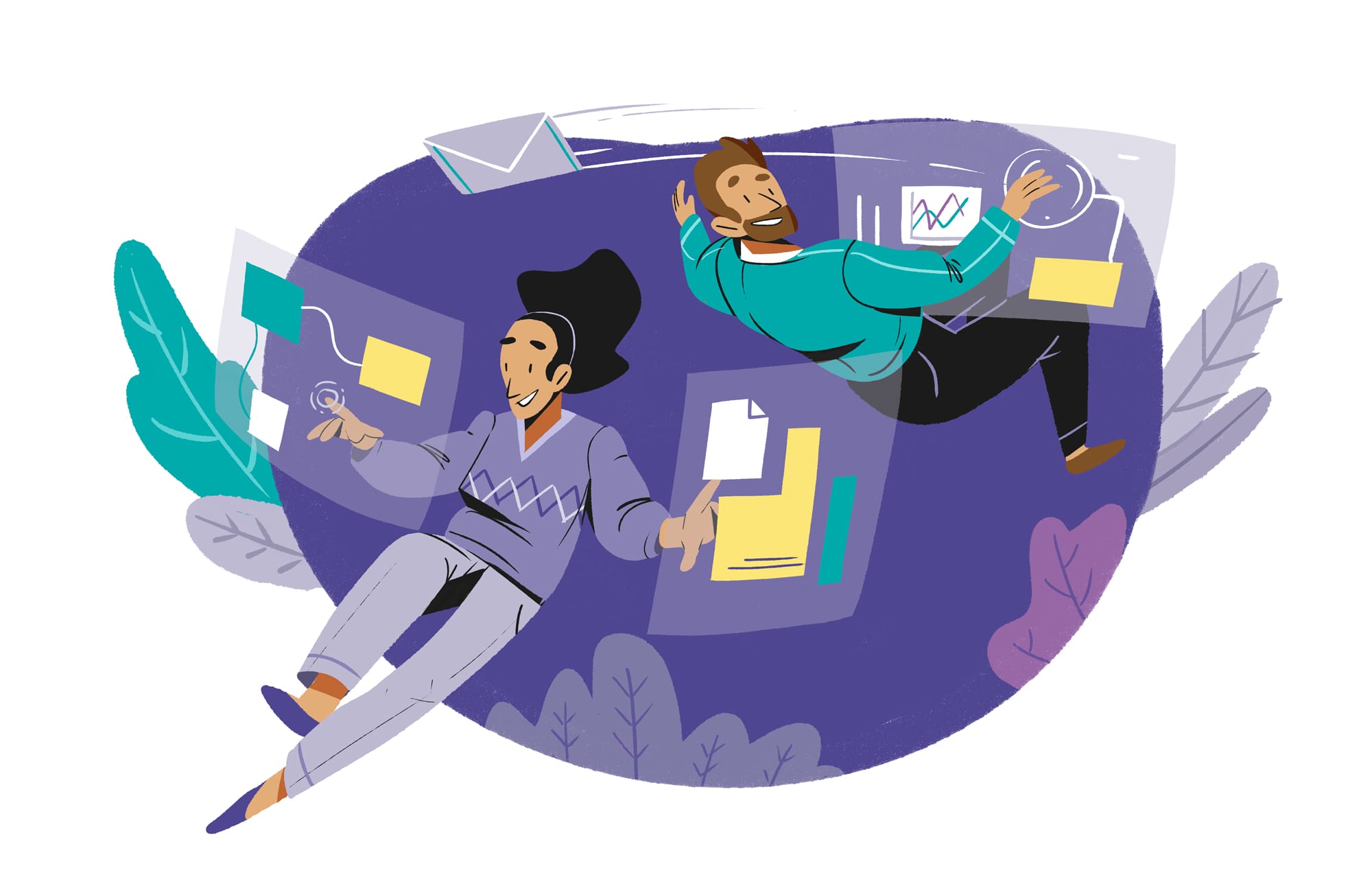 illustration of people working on floating screens