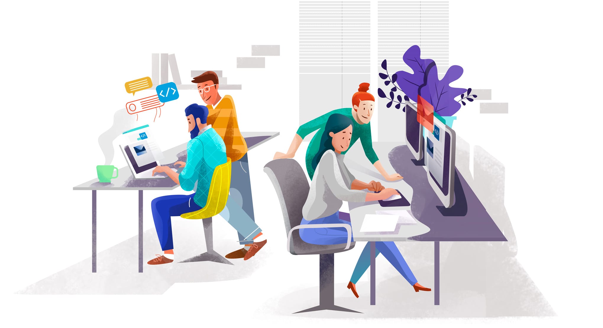 Illustration of team working together on computers