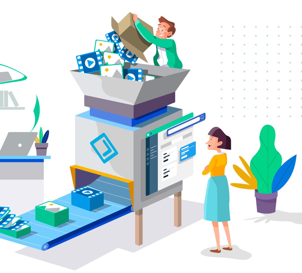 illustration of machine assembling video content