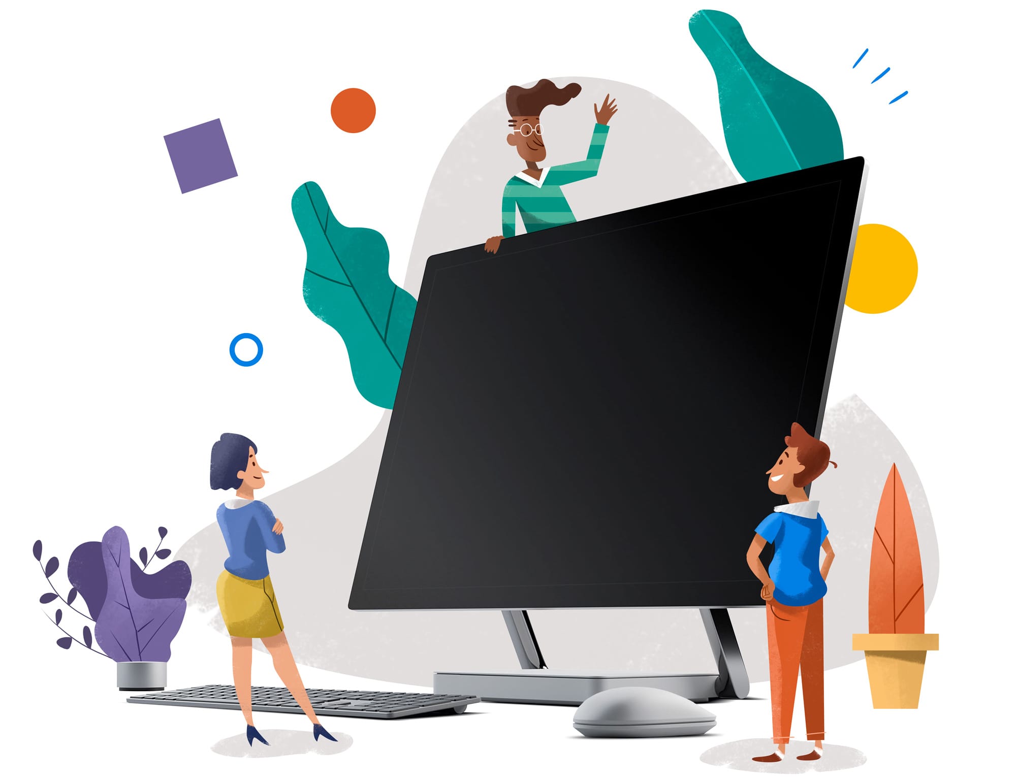 illustration of people standing around empty screen 