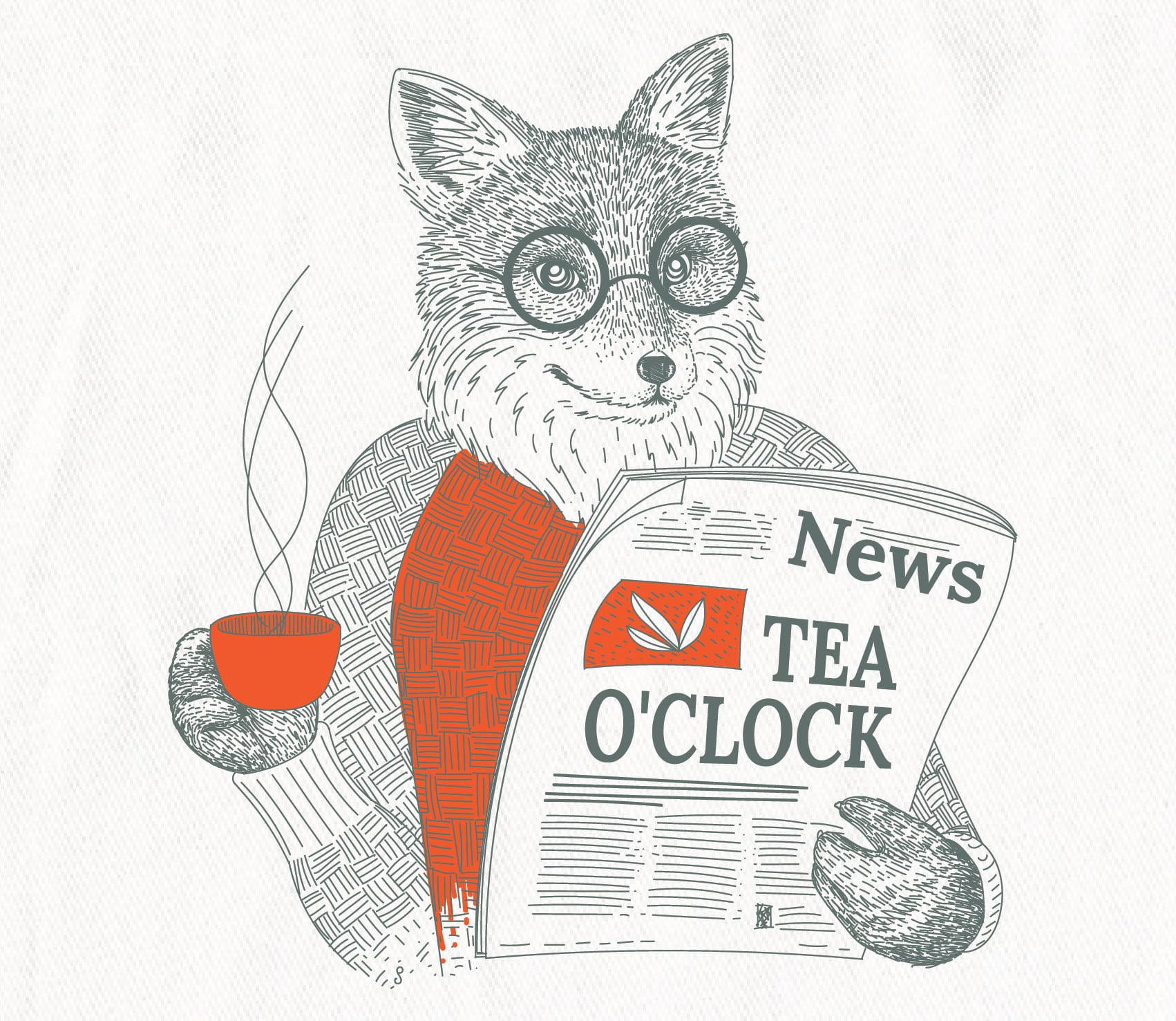 fox drinking tea reading paper illustration