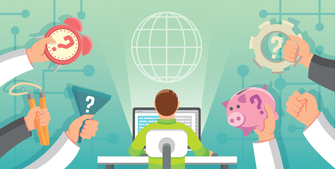 designer over computer surrounded by questions illustration