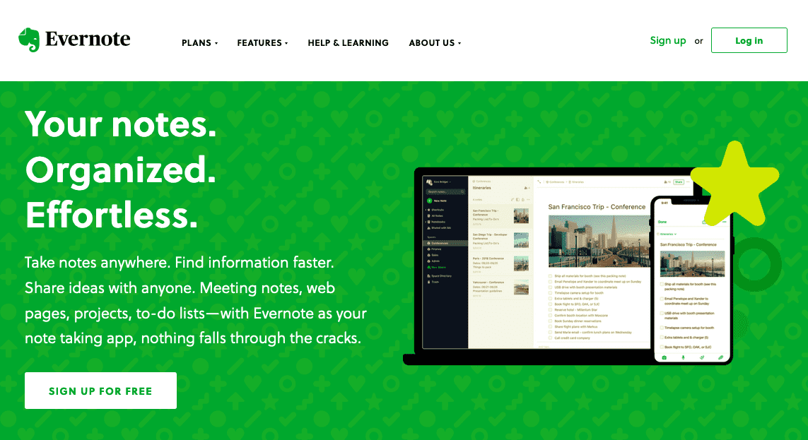 screenshot of evernote homepage