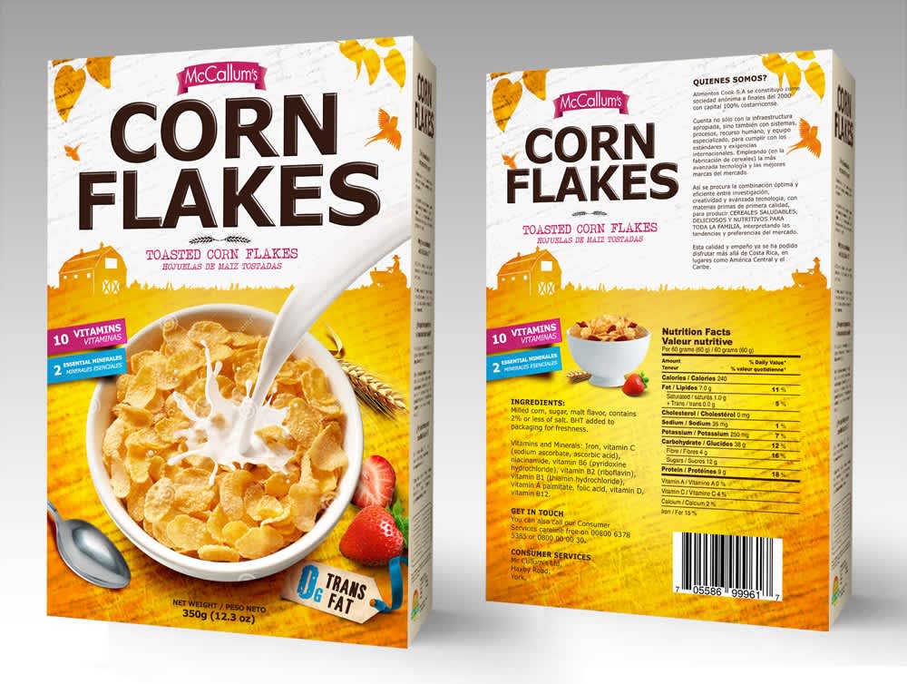 Corn flakes box yellow and white with brown lettering