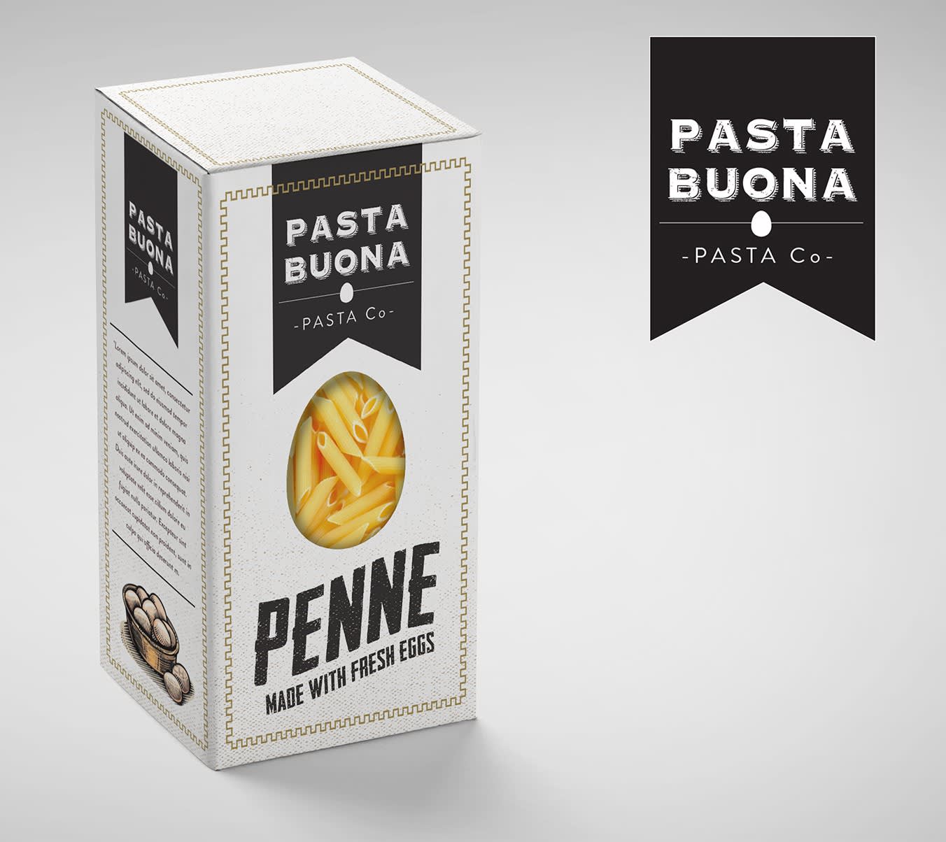 Black and white box pasta packaging