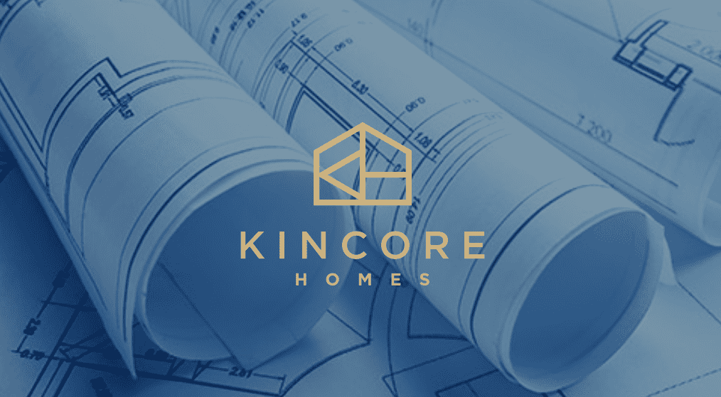 Color variations on a logo presented alongside photos of blueprints, a construction worker and a finished kitchen