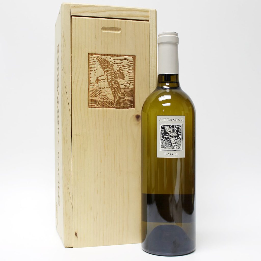 bottle of screaming eagle sauvignon blanc beside its box