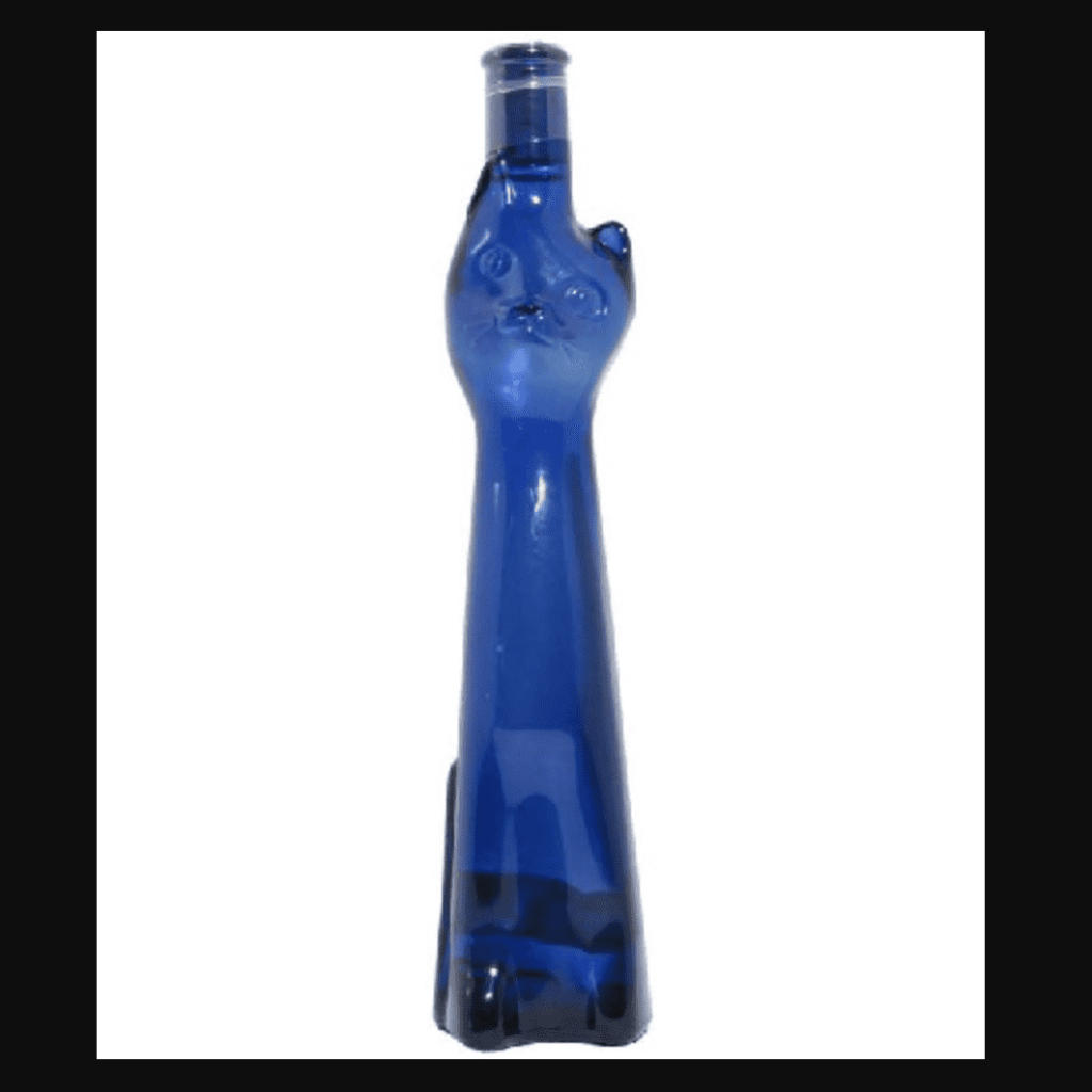 blue wine bottle shaped like a cat