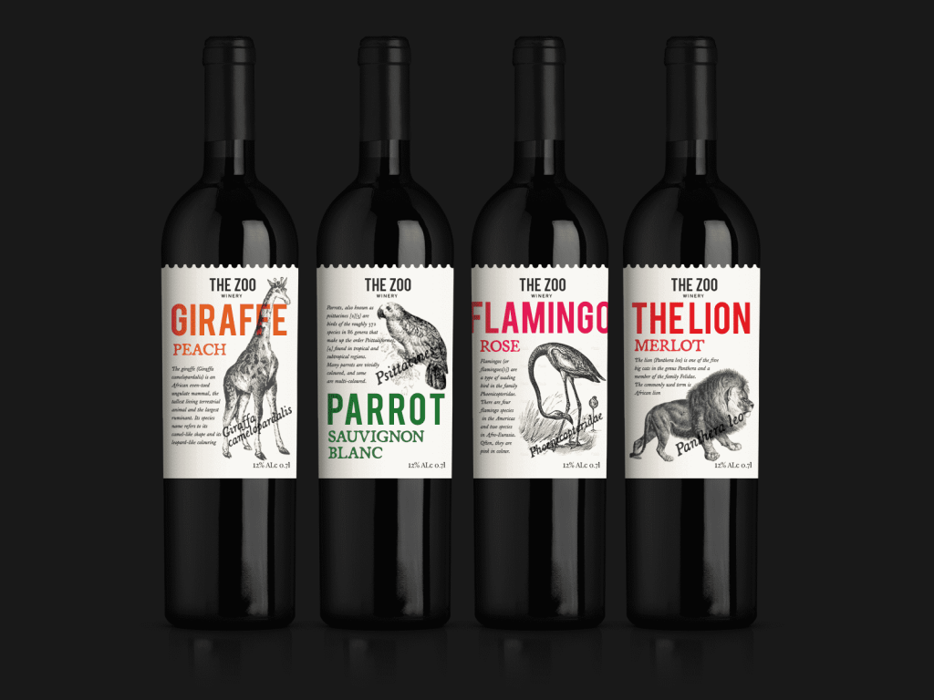 collection of animal-themed wines, each with an illustration of a different animal on the label