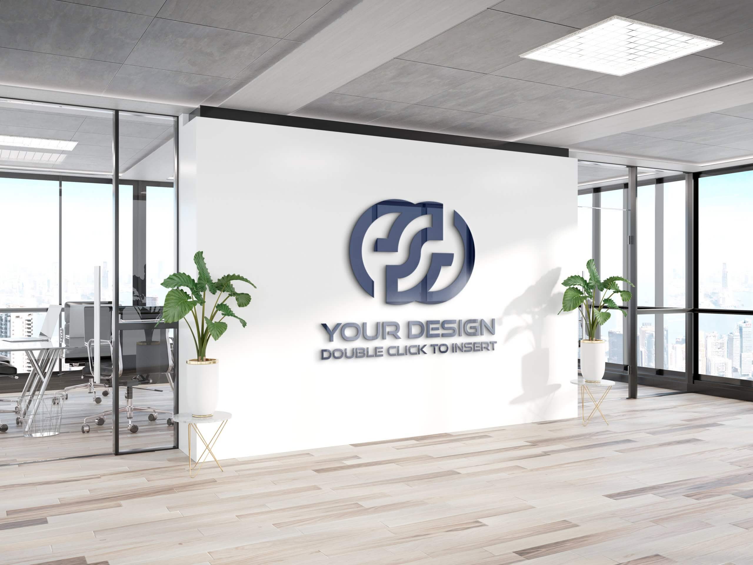 rendering of a white office wall with a shiny black logo on it
