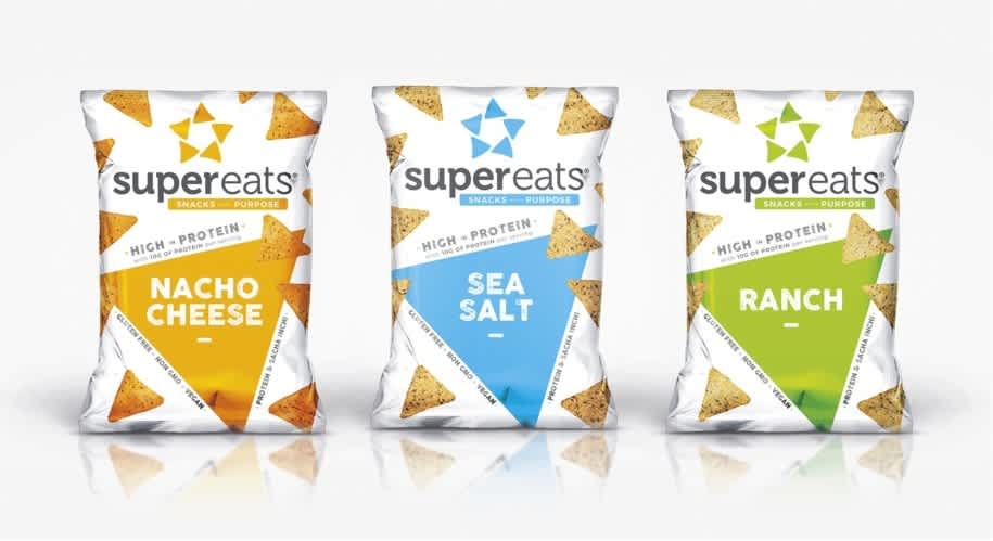 Three bags of chips in the colors yellow, blue and green