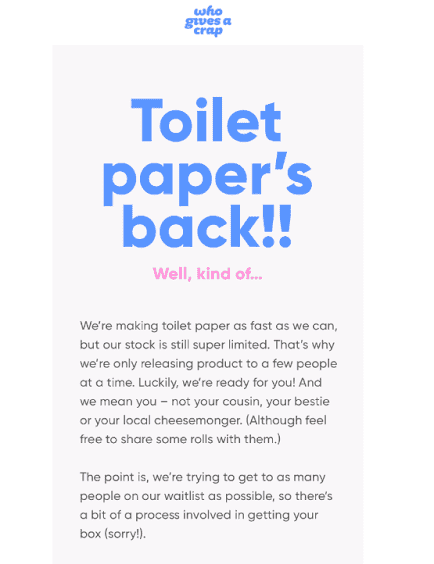 an announcement that toilet papers from Who Gives&nbsp; A Crap are back in stock