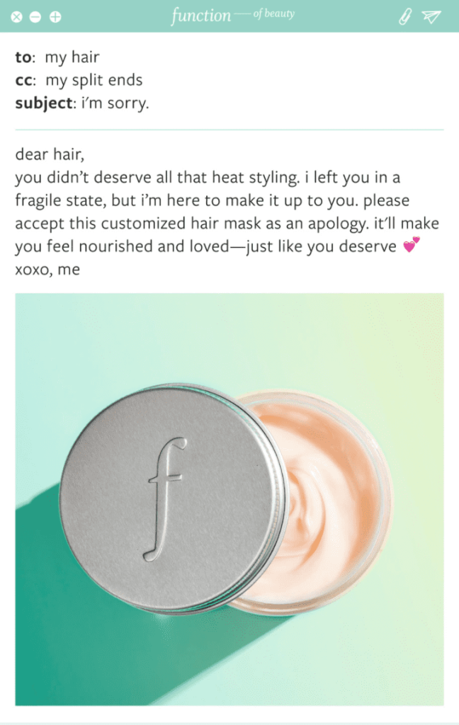 an apology letter to damaged hair with a half-opened canister of hair mask at the bottom
