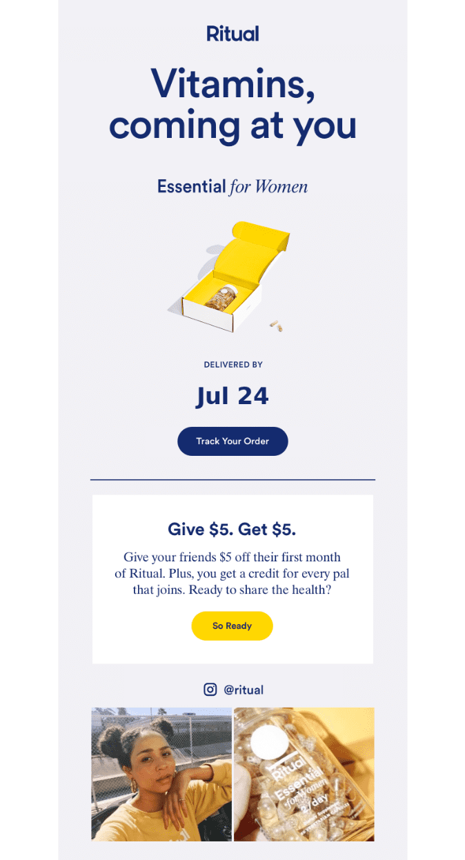 an open box with a glass of multivitamins in the center with the expected delivery date and tracking order link below it