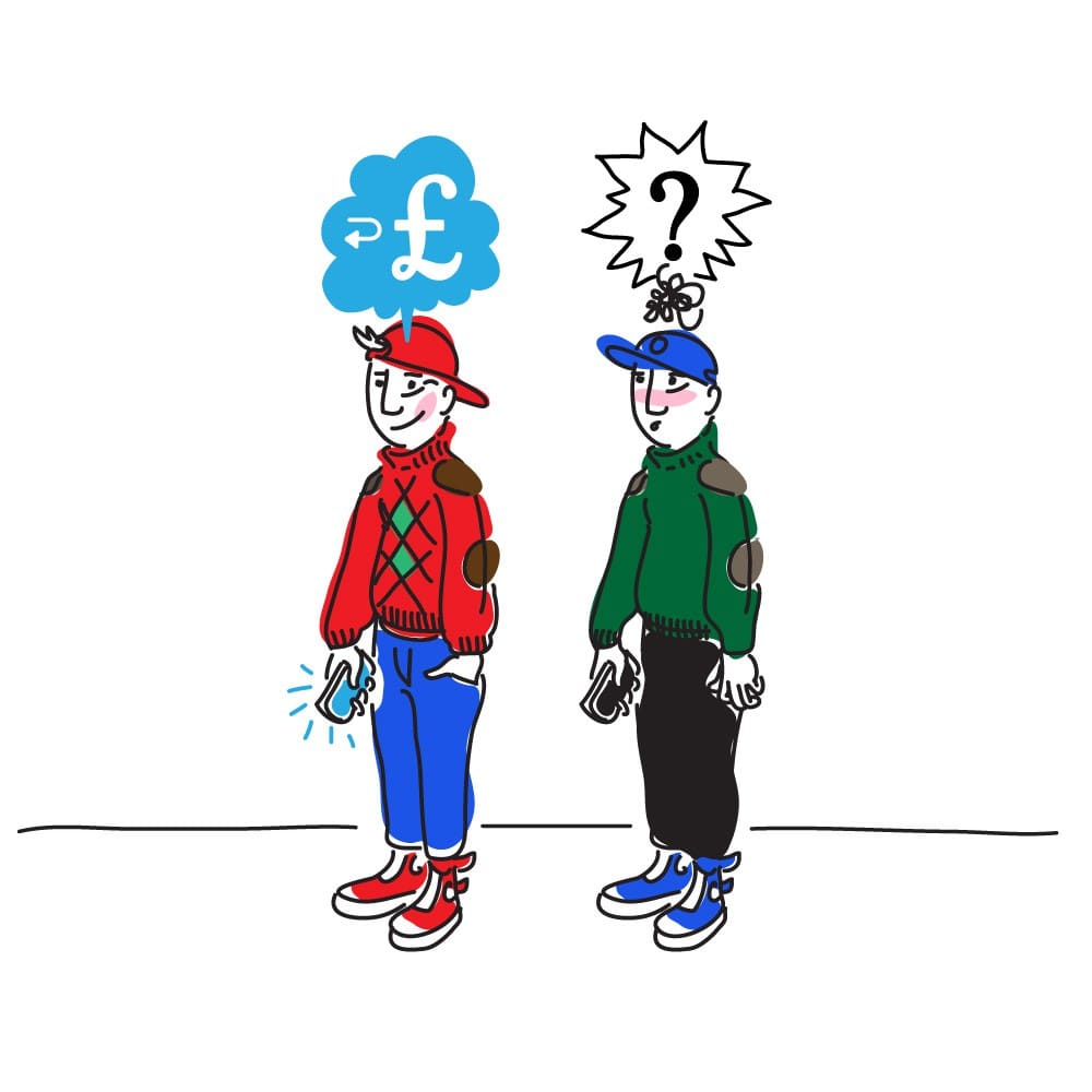 Two doodle-style illustrated characters