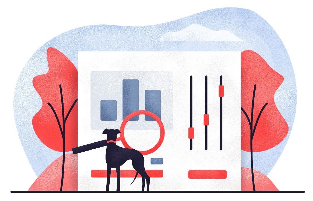 a black dog with a red collar and a giant magnifying glass in its mouth is looking at graphs