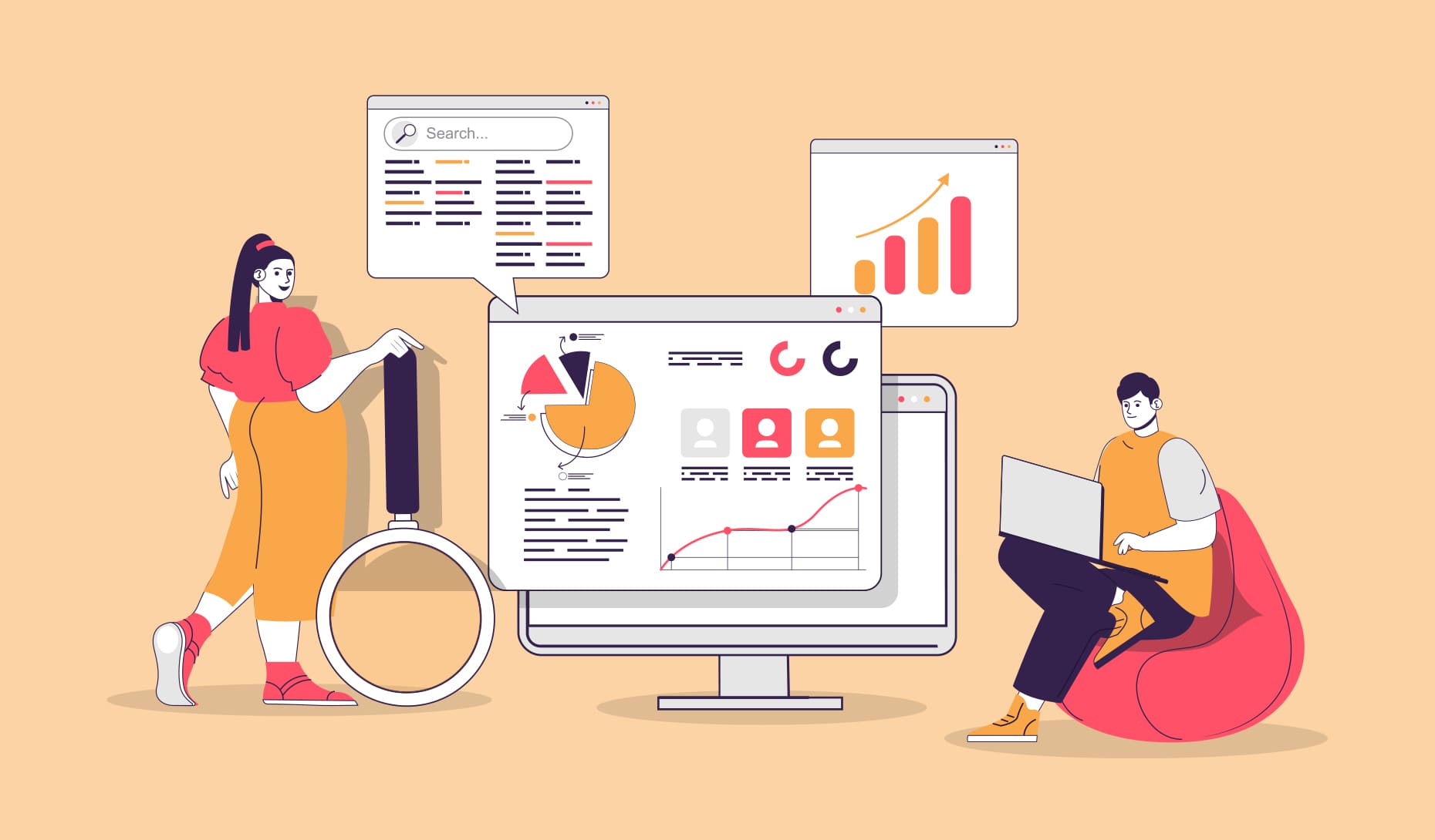 illustration of two people carrying out stat heavy brand research