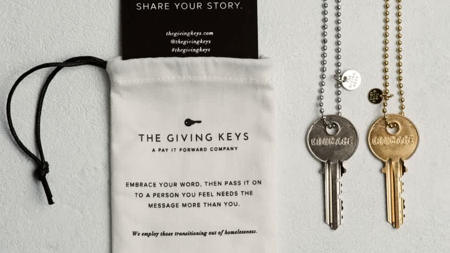 drawstring bag packaging with The Giving Keys jewelry