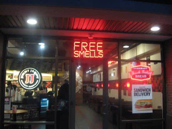 photo of a Jimmy John&rsquo;s featuring the &ldquo;FREE SMELLS&rdquo; sign