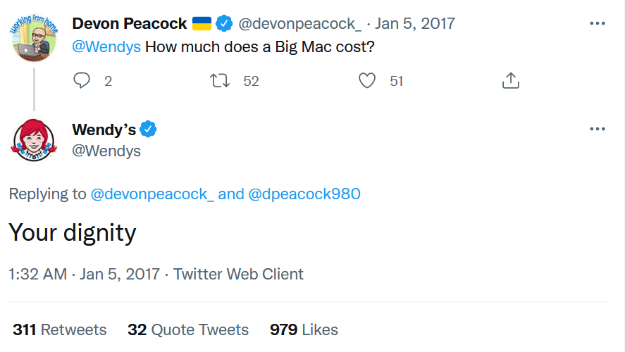 A screenshot of user Devon Peacock&rsquo;s tweet to Wendy&rsquo;s