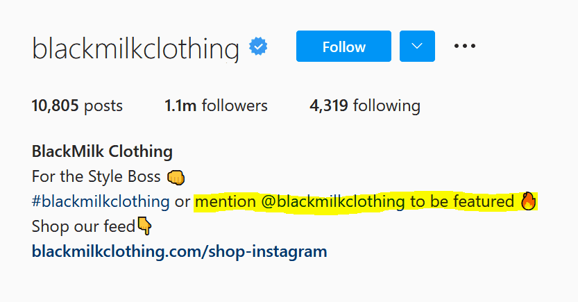 A screenshot of BlackMilk Clothing&rsquo;s bio on Instagram