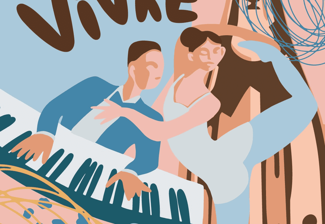 A man wearing a blue suit is playing the piano while a ballerina dances beside him 