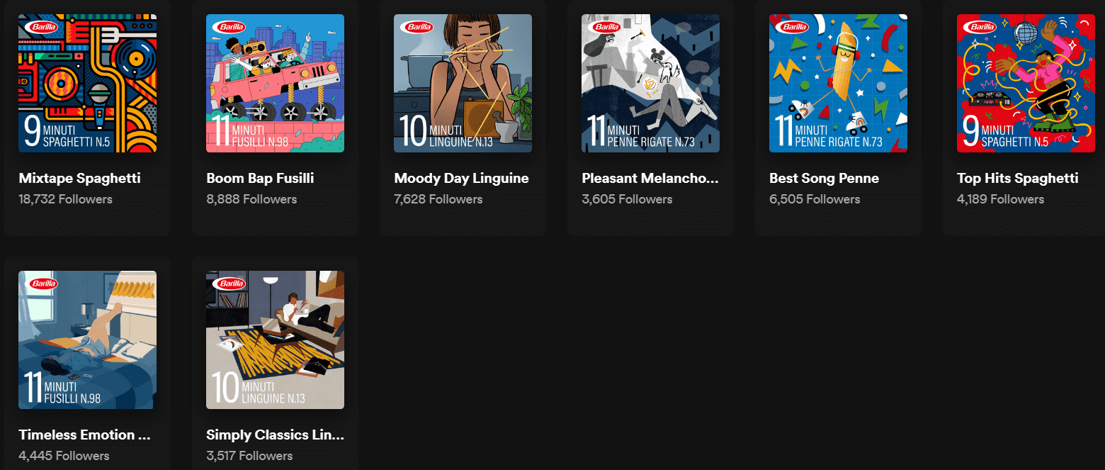 A gallery of different playlists created by Barilla Italia