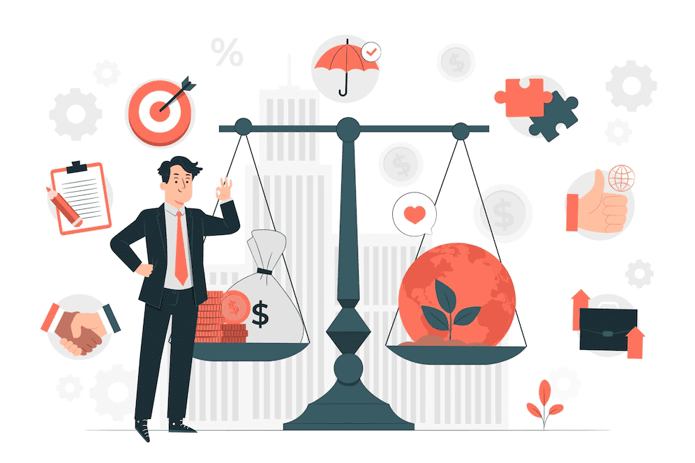 A businessman tries to balance a bag of cash and a plant on a scale