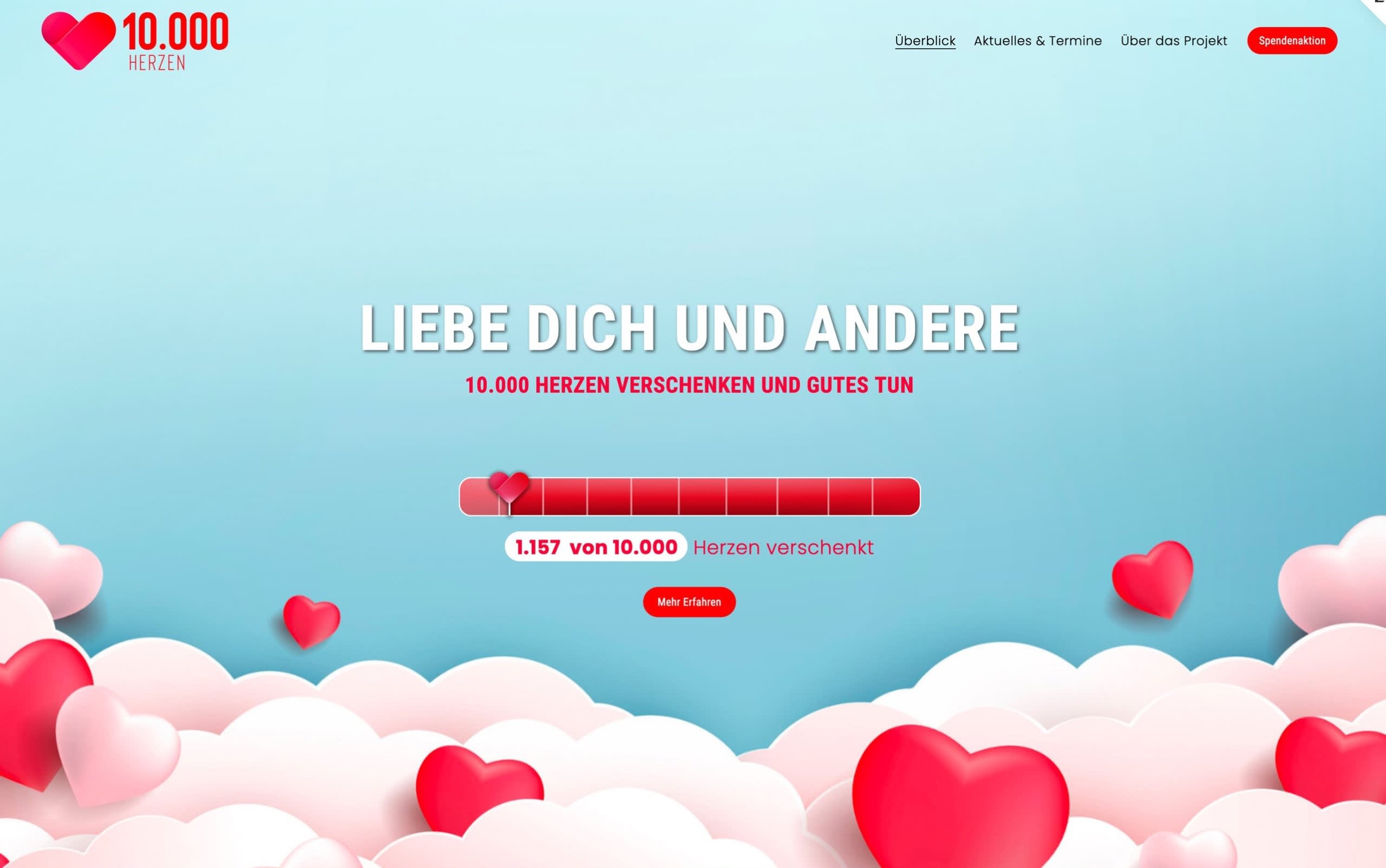 web design for mental health charity featuring a giveaway of 10,000 hearts made from felt