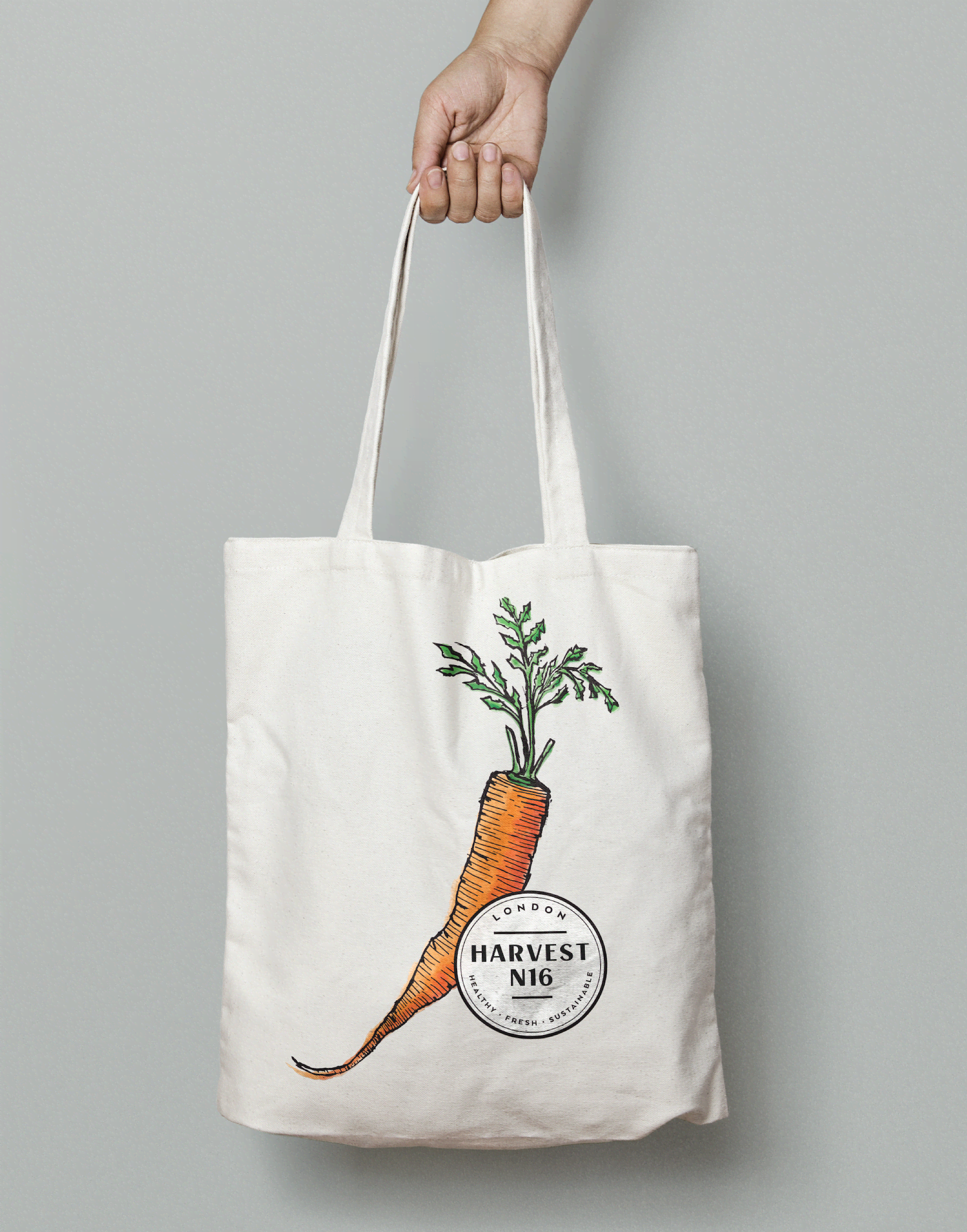 Illustrated tote bag design for a grocer brand
