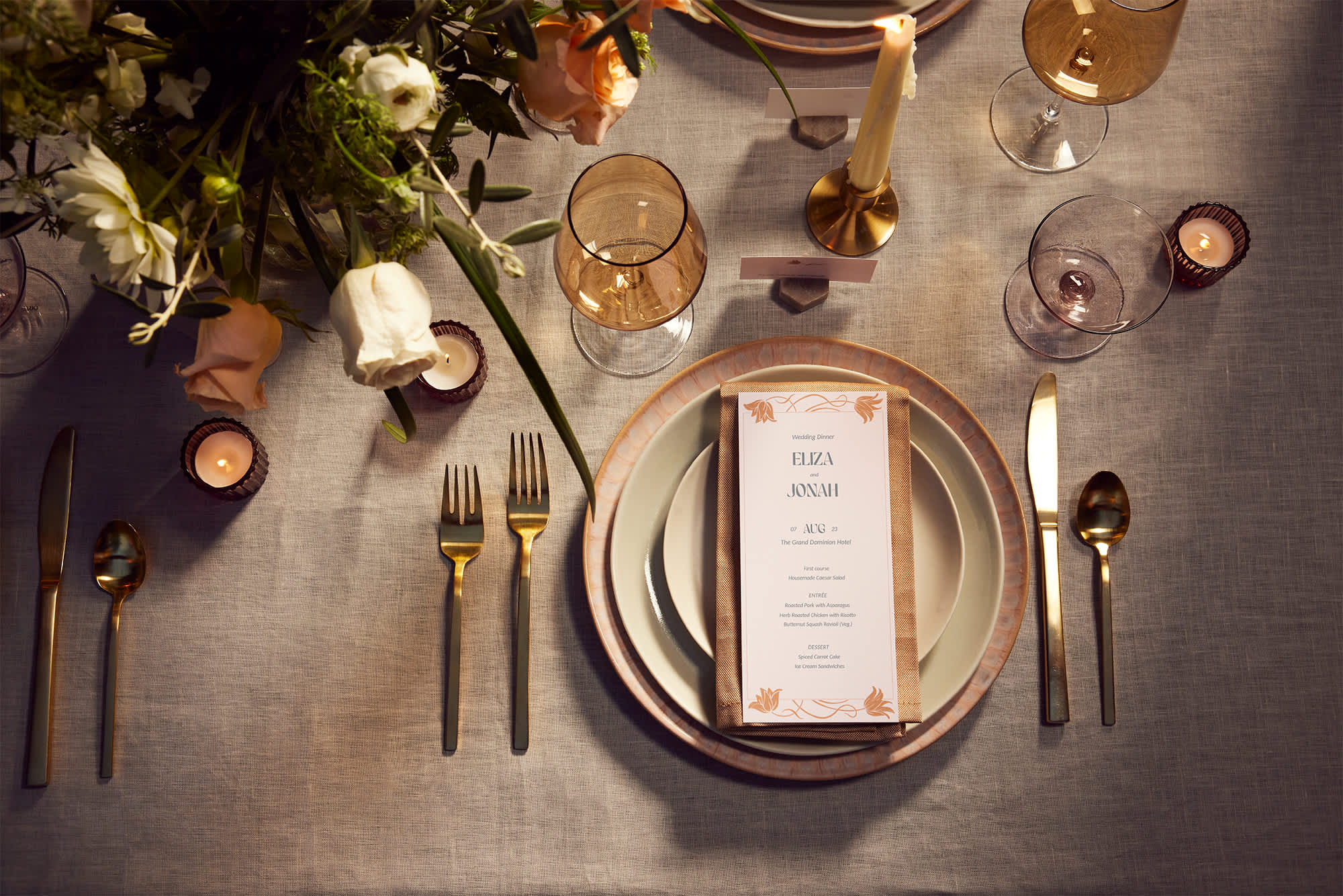 Custom wedding menu on a dining table