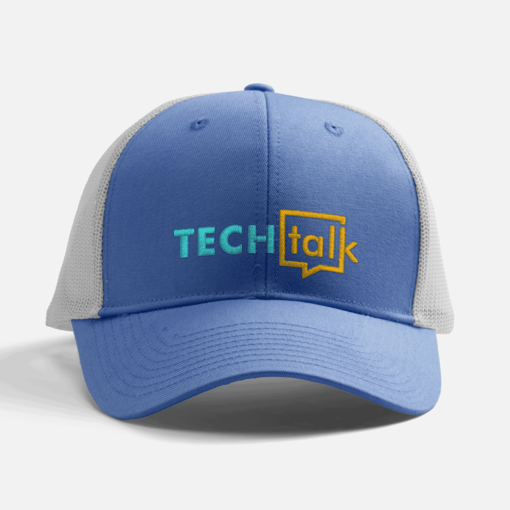 A White & Blue  Low-Profile Snapback Trucker Cap promoting a tech  business