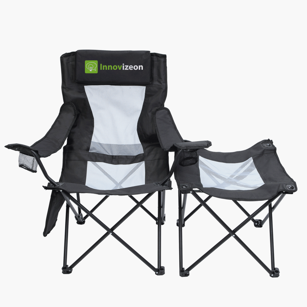 A Black 2-in-1 Mesh Adirondack Chair and Table with a business logo