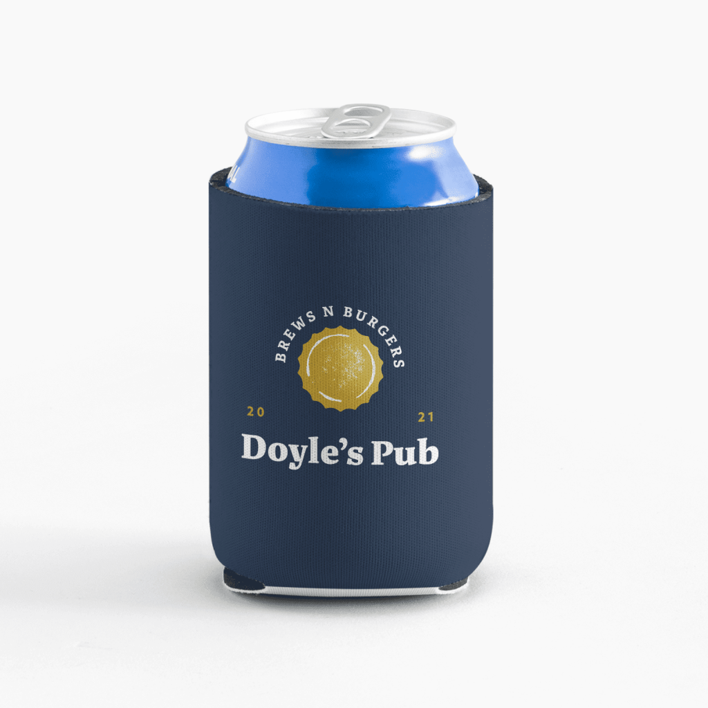 A blue can cooler promoting a bar.