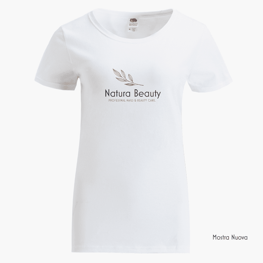 A front mannequin shot of a white t-shirt that features a beauty salon business.