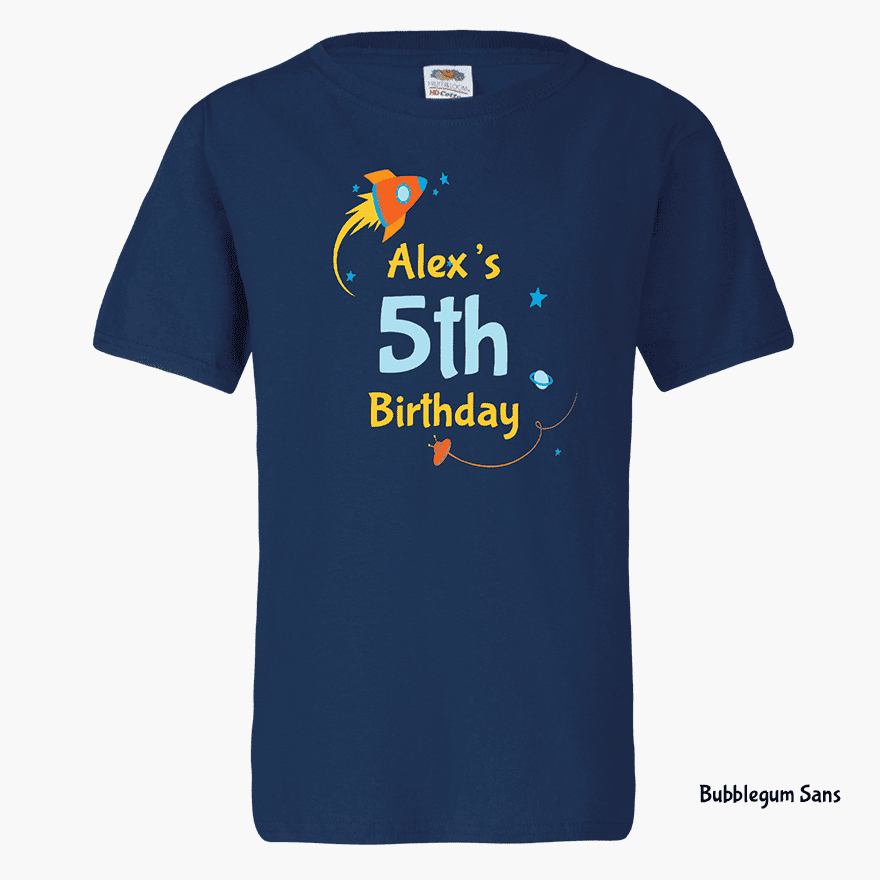 A front mannequin shot of a blue t-shirt that features a Kids Brithday.