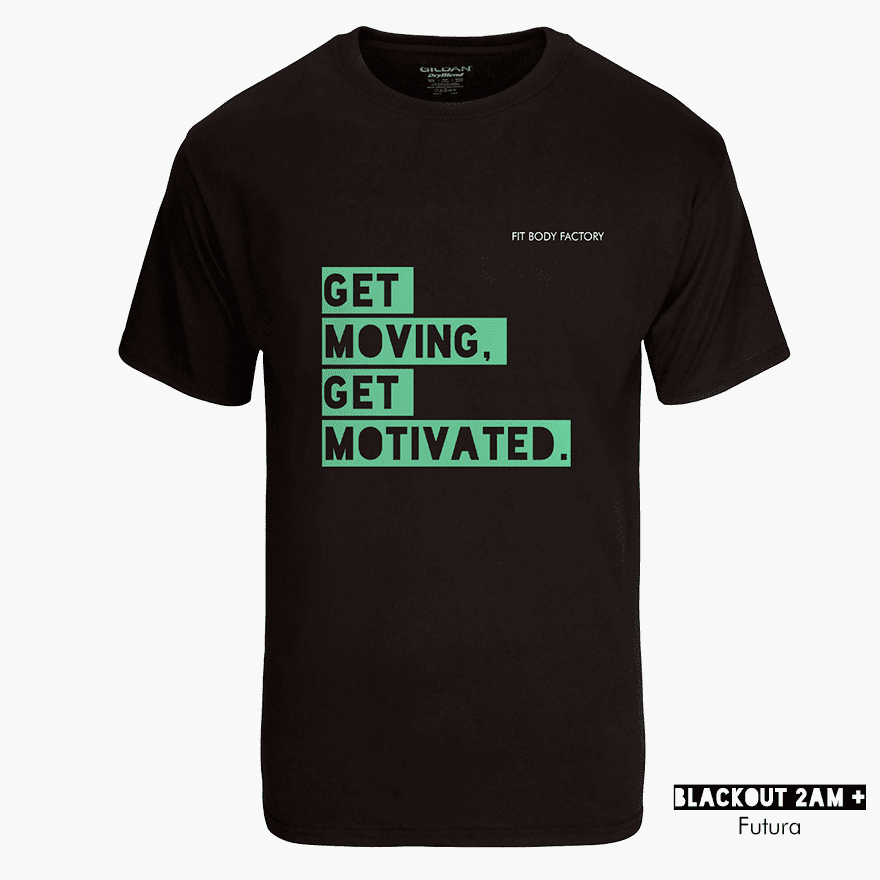 A front mannequin shot of a black t-shirt that features a gym business