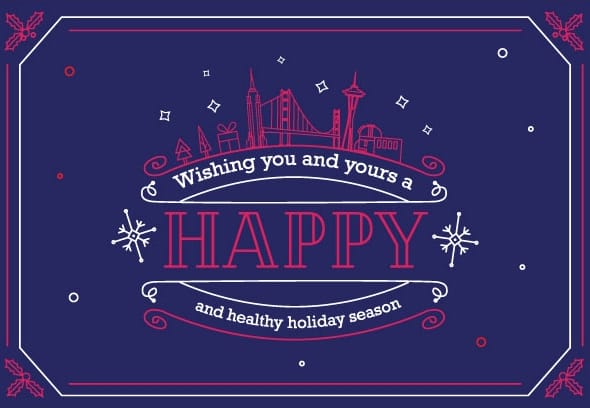 Custom holiday cards: skyline art of notable cities