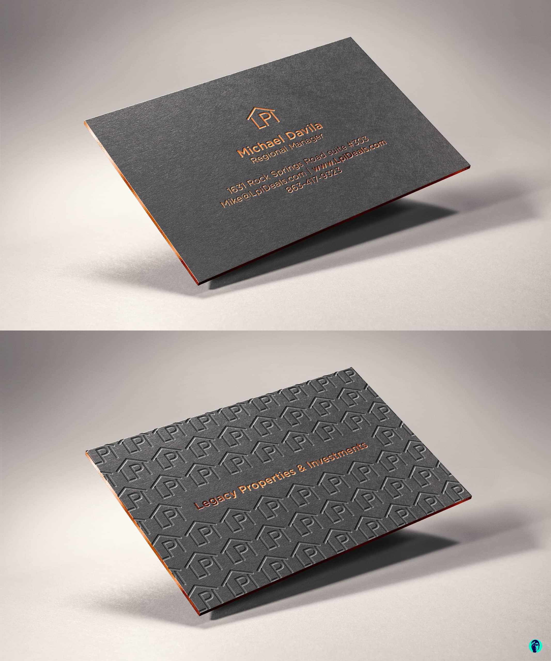 Orange and gray business card design for a real estate brand