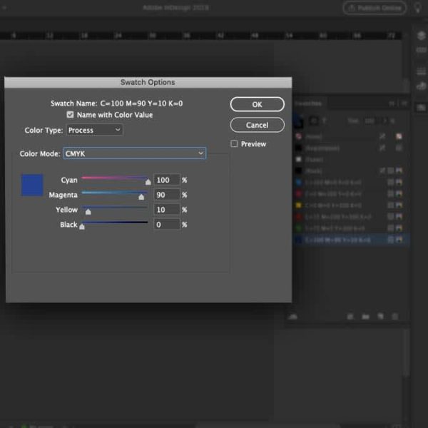 Screenshot showing how to set the color space of individual swatches in InDesign