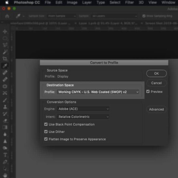 Screenshot showing how to use the Destination Space dropdown menu to change the color mode in Photoshop