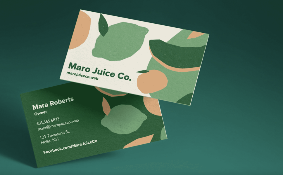 Hemp-blend business cards for juice company Maro Juice Co. with illustrated fruits