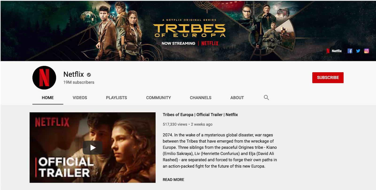 Netflix's YouTube channel layout