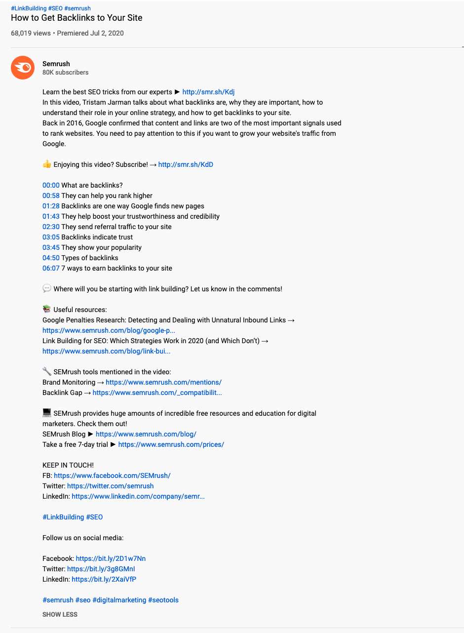 SEMrush video description