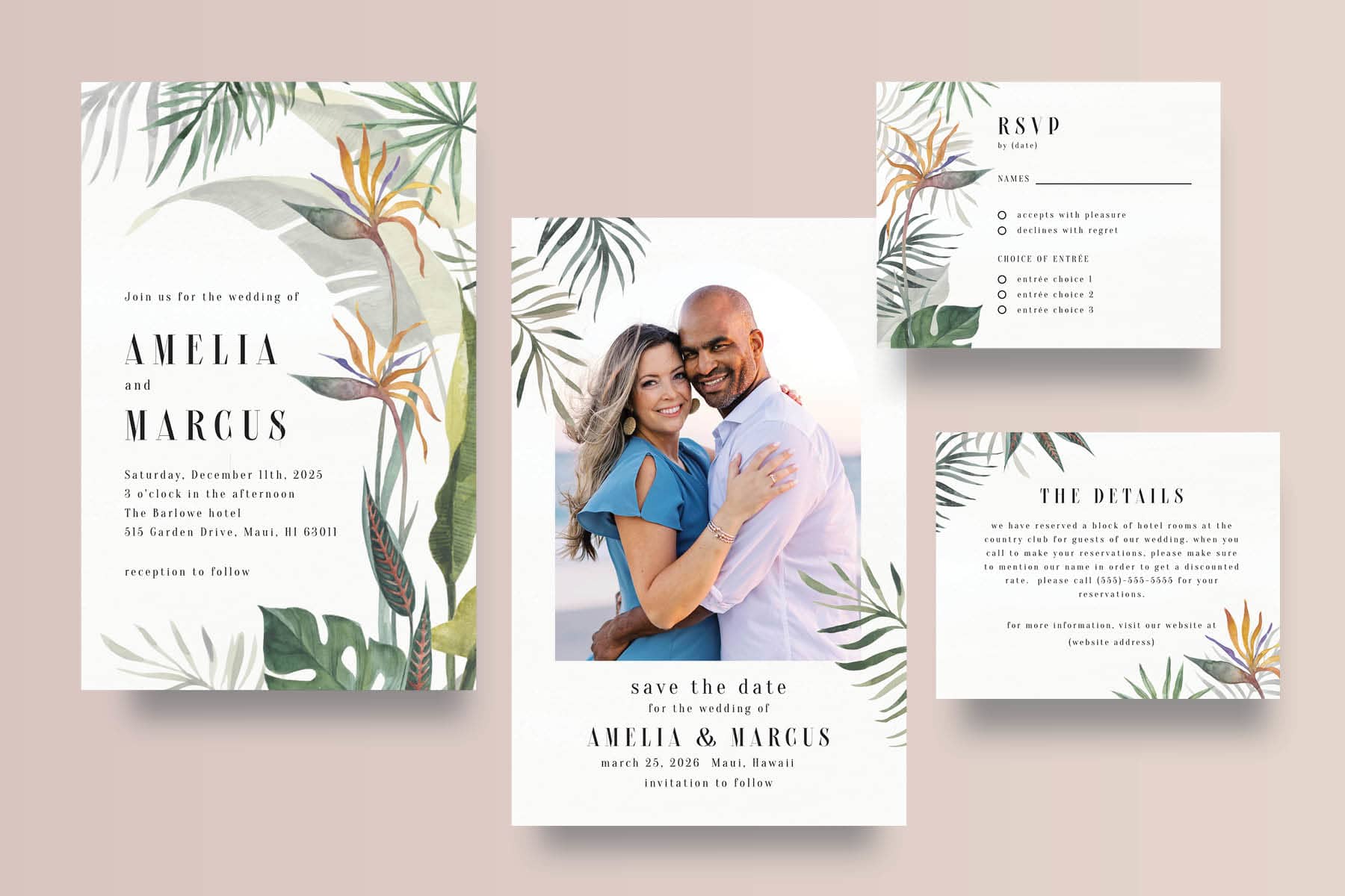 Tropical wedding invitation suite with palm leaf illustrations